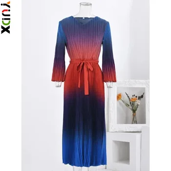 YUDX Miyake, висококачествено, модерно дълга рокля с градиентной складкой, Женствена рокля с кръгло деколте и присборенной талия, рокли за елегантна парти 2024, Новост