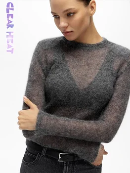 Секси прозрачен женски пуловер, пуловер, дамски ежедневни блузи с кръгло деколте и дълъг ръкав, женски шик уличен трикотаж за крайградски пътувания 2024 г.