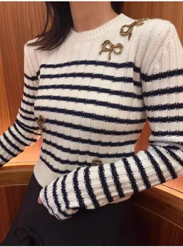 Основен женски модерен вълнен пуловер, ръчно изработени с мъниста, тънък вязаный пуловер с дълги ръкави, Елегантна жена универсален пуловер с кръгло деколте, жилетки, потници
