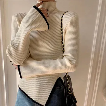 Корейски трикотаж, дамски пуловери нередовните плетени, 2023, обикновен женски пуловер с черепашьим деколте,