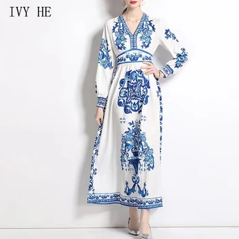 IVY HE Vintage Collection, празнична рокля знаменитост 2023, Елегантни сини празнични рокли с принтом в стил Кортеж и висока талия, Ежедневното офис рокля