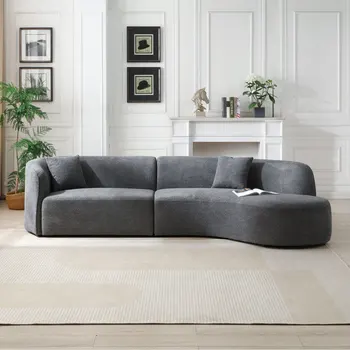 Луксозен Заоблен диван с открит басейн с шезлонг за дневна в модерен стил с тапицерия от 2 части, Секционни Диван с дясната си ръка, Букле, Сив