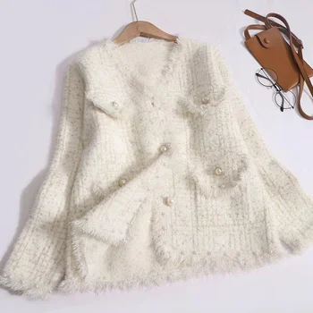 Ярки копринен пуловер с V-образно деколте и перлената пуговицей, вязаный топла жилетка с дълъг ръкав за жени, есен-зима, елегантен пуловер с мъниста, палто
