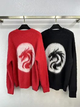 Висококачествен жаккардовый пуловер-пуловер с кръгло деколте и китайски дракон в стил мързел