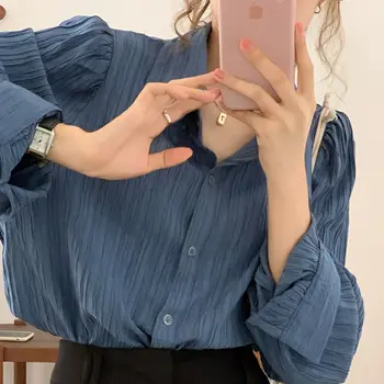 Синя шифоновая риза, пролетно-лятната модна блуза 2023, елегантна риза в корейски стил с отложным яка, риза с дълъг ръкав за жени