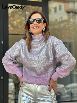 Жена пуловер блестящи метални наклон цветове, модерен вязаный пуловер с висока воротом и дълъг ръкав, Стилен дамски градинска облекло Трикотаж