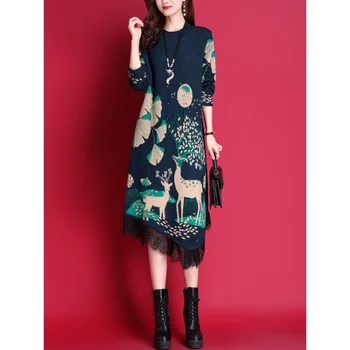 2023 Ново модно рокля с принтом Женски есен трикотажное рокля с дължина до коляното на Корейския свободно намаляване на Празничен Вълнен пуловер Vestidos