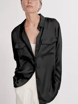 Дамска риза с отложным яка, Двойни джобове, Лесен Свободна Однобортная блуза OL с дълъг ръкав за пролет-лято