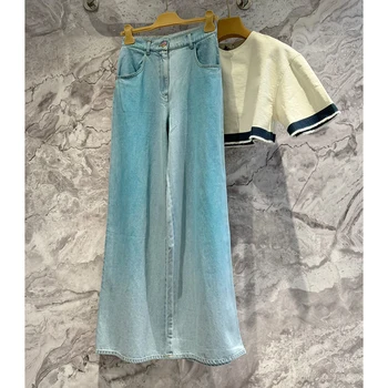 2024 женски висококачествени ранните пролетни градиентные сини дънки с висока талия, широки дънки, дънкови панталони пълна дължина