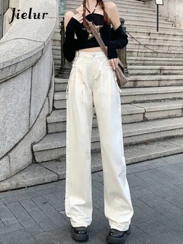 Дамски дънки Jielur с висока талия и широки штанинами, есенни Корейски с нови модни Свободни ежедневни панталони, бежова дълги дънки женски S-XL