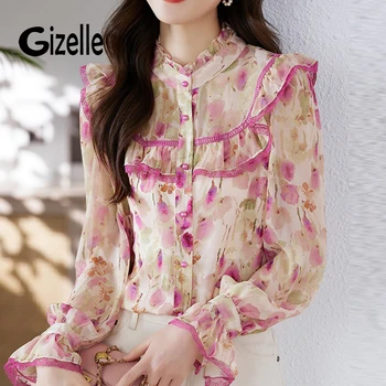 Жизел 2023 Нова Корейска Модни Шифоновая блуза с кружевными волани и дълъг ръкав с принтом, Дамски дрехи, Сладки Луксозни ризи с цветен модел, Zaf