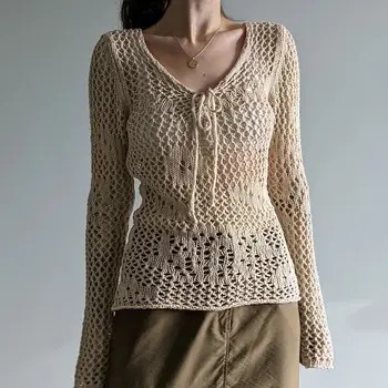 Дамски блузи, плетени калъф за плетене на една кука, с цветя модел, с лък, дантела, пуловери с дълги ръкави и V-образно деколте, пуловери цвят каки, есента на лека...