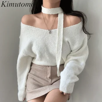 Kimutomo Елегантен женски вязаный пуловер с еднакво свободна лента, нежен силует с цепка, дълги ръкави, лесен универсален пуловер Ins