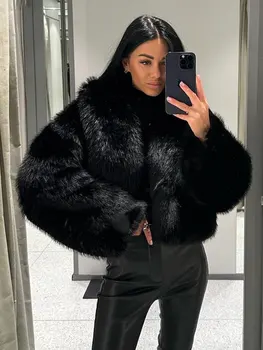 Елегантна черна късо палто от изкуствена кожа за жени, модни топло плюшен сако с V-образно деколте и дълъг ръкав, нови зимни луксозен дамски връхни дрехи