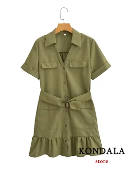 Елегантна градинска облекло KONDALA, однотонное мини рокля трапецовидна форма армейского зелен цвят, модни летни джобове, Къс ръкав, колан, Поло с волани по края, Vestido