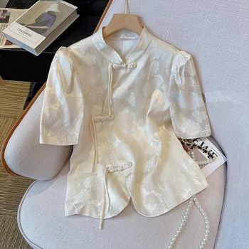 WDMSNA Бяла Риза С Къси Ръкави Жените В Китайски Стил С Висока Деколте и Копчета Blusa Feminina Кратък Топ Скъпа Жаккардовая Блуза Дамски