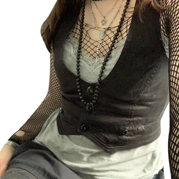 Жена кратък жилетка с неправилна форма, монофонични жилетка с U-образно деколте и копчета за възрастни