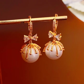 DREJEW Реколта перлени обеци в дворцов стил за жени, кръгли обеци-капки с лък за партита, сватбени Елегантни бижута подаръци