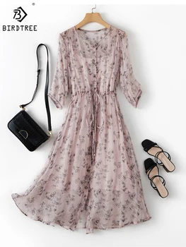 Birdtree/ Ново женствена рокля от 100% естествена коприна Тутового цвят, Елегантна, с V-образно деколте, с флорални принтом, с къс ръкав, на кръста, дантела, на Макси рокля, 34915c