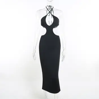 Еластично стилно дамско секси дебнещ рокля на спагети презрамки с отворен гръб, женствена рокля с мирис на бедрата, однотонное рокля за маса полунощ партита