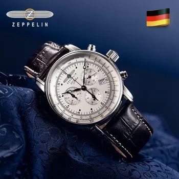 Модерен нов часовник с дирижаблем Zeppelin, бизнес кварцов мъжки часовник с три очи, течаща в секунда, богат на функции на часовника с часови код