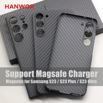 HANWOR Магнитен Калъф За Телефон от Въглеродни Влакна Samsung Galaxy S23 Plus S23 Ultra Aramid Fiber Cases Cover Support Зарядно Magsafe