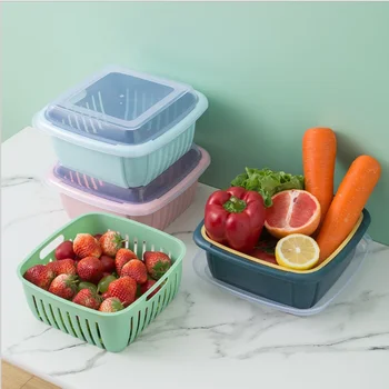 Двупластова сливная кошница с капак за хладилник, богат на функции Квадратна кошница за зеленчуци за измиване голям размер