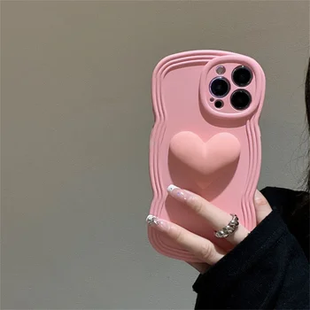 Корейски Прост Кавайный Калъф С една вълнообразна Ръба Love Heart За iPhone 14 13 12 11 Pro Max Противоударная Задната Однотонная Капак За Подарък на едно Момиче