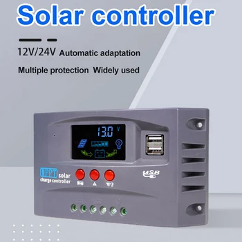 Слънчев контролер 12/24 Волта Автоматична идентификация Слънчев зарядно устройство Регулатор LCD дисплей Контролер за слънчеви зареждане на две USB устройства