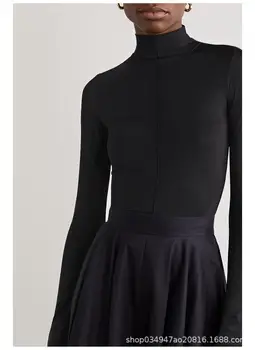 През есента и зимата 2022 г. Нова черна вязаный пуловер, женски монтиране на еластична пуловер с висока воротом, долна облекло