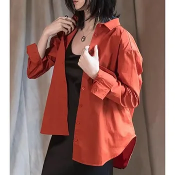 Дамски памучен блуза с ревера и дълъг ръкав, най-риза силует