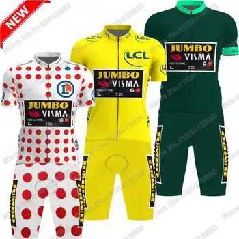 Team Jumbo Visma 2023 Велосипедна Майк Франция TDF Комплект Жълто-Зелено, Червено Бели Велосипеди Дрехи в Червено Грах, Ризи Пътят мотори, Костюм
