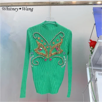 Дизайнерски стил на УИТНИ ВАН, Пролетната мода 2024, градинска дрехи, тънък пуловер с лисици ръка, расшитый пайети, Дамски пуловер