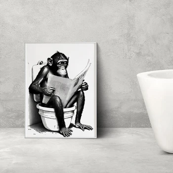 Весела обезьянка бизнес плакат и принт на стената, четене на вестник живопис с душ и тоалетна декор на черно-бял изкуството на фигурата