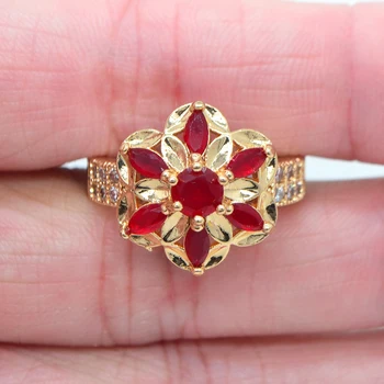 Романтични жени Златист цвят AAA + Кубичен цирконий Червен CZ красиво цвете, един Коктейл пръстен Бижута подаръци