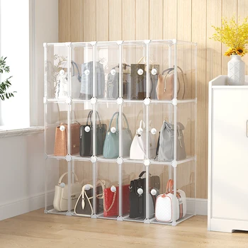 Прозрачен шкаф за съхранение на чанти, Прахоустойчив кутия за съхранение на чанти, Пластмасов органайзер за чанти лукс, гардероб, Новост 2023 година