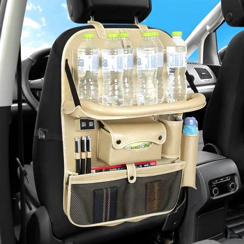 (4 USB) Висококачествен кожен органайзер за задната седалка на колата, многокарманная чанта за облегалката на столчето за кола, органайзер за пътуване в кола с тава за деца