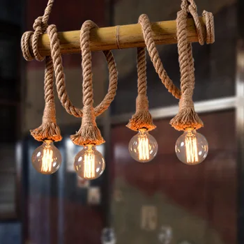 Реколта въже бамбукови висящи лампи Индивидуални осветителни тела за Лофта Коноп въже за кухня Окачен лампа Декор Кафе-бар Осветителни тела