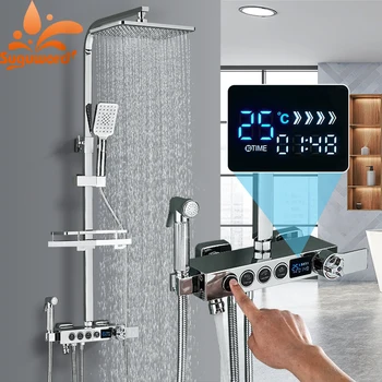 Комплект смесители за душ с термостатическим цифров дисплей Функция 4 бутони за Душ с дъждовна дюза Студена и Топла вода, Душ система за баня