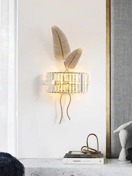 Нощни кристална стена лампа за американската спални, френски модерен стенен лампа за дневна, скандинавски лампа от палмови листа, луксозен писане