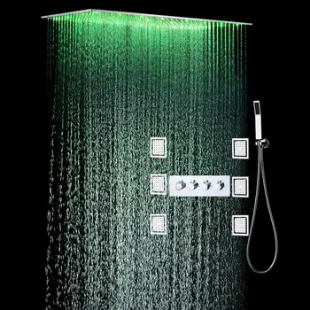 Душ слушалки за вана от месинг с led подсветка 20 * 40 инча, инсталиране на тавана, Термостатичен смесител за душ, пълен комплект, луксозен комплект за душ