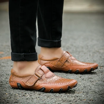 Модерно Мъжко кожено ежедневни обувки на равна подметка, Нови летни Дишащи слипоны от естествена кожа за шофиране, мокасини с мека противоплъзгаща подметка