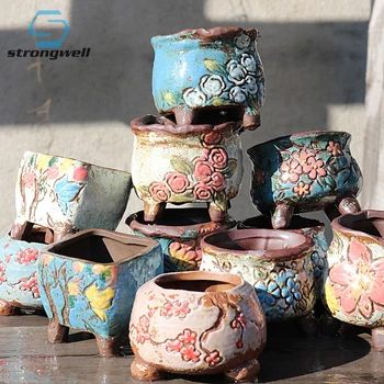 Strongwell В корейски стил, Ръчно рисувани, лилаво саксия с пясък, Грънчарска глина, дишаща гърне за сочни цветя, ръчно изработени, на площада таз