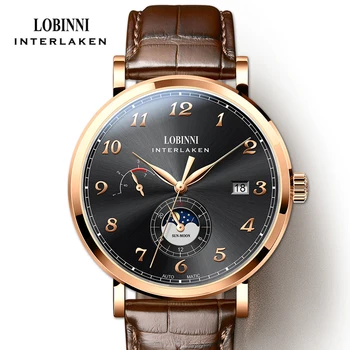Автоматично мъжки ръчен часовник LOBINNI от розово злато с висока фаза на Луната Датата Седмици Мъжки механичен часовник със сапфир стъкло Водоустойчив часовници