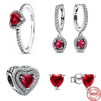 Нов пръстен, обеци, втулки, мъниста във формата на сърце от 925 сребро с диаманти и червен цирконием, очарователен изискан дамски бижута със собствените си ръце
