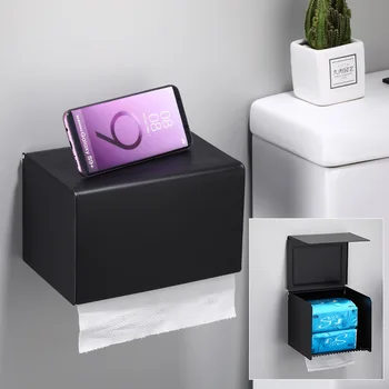 Черна матова кутия за притежателя на тоалетна хартия, алуминиево стенни стойка за съхранение на мобилни телефони, държач за преобръщане хартиени кърпи, кутия за салфетки за баня