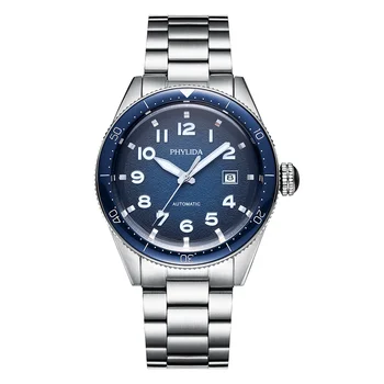 Луксозни бизнес спортни механични ръчни часовници PHYLIDA, сини мъжки часовник с автоматичен контрол, от неръждаема стомана водоустойчив
