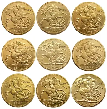 (1902-1910) 9ШТ дати за избор на крал Едуард VII С матирано позлатените ПОКРИТИЕ, копирни монети с номинална стойност от 1 СОВЕРЕН (1 лира)