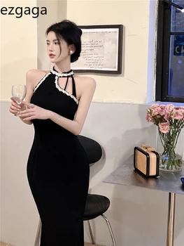 Елегантна Женствена рокля Ezgaga без ръкави, с цепка и отворен гръб, Черни Лоскутные Реколта вечерни рокли на спагети презрамки, Секси мода