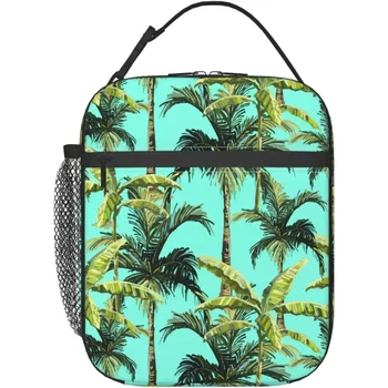 Зелени плажна чанта за обяд с принтом палми и кокосови, множество запечатани чанта за хранене, подходящ за работа, обучение, пикници, разходки и т.н.